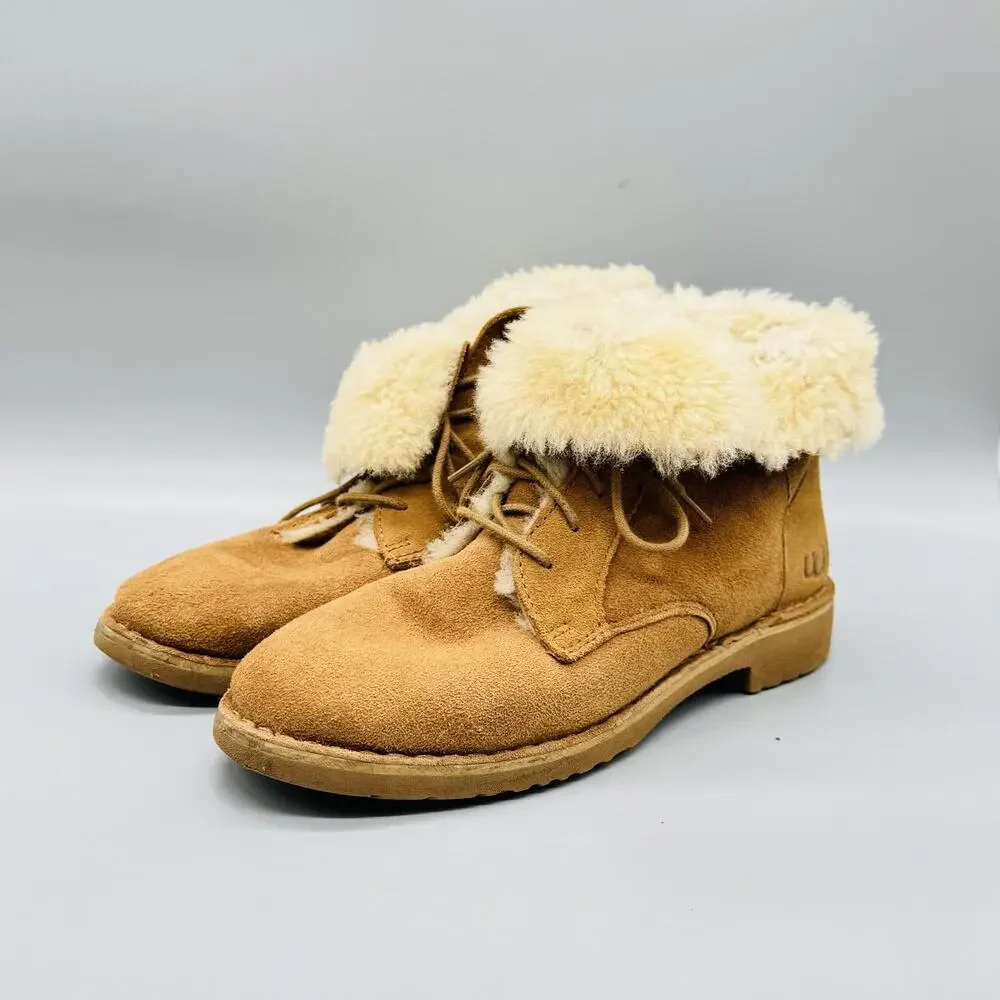 UGG Boots Womens 8 Brown Suede Quincy Shearling Lined Lace Up Ankle Winter Shoes
